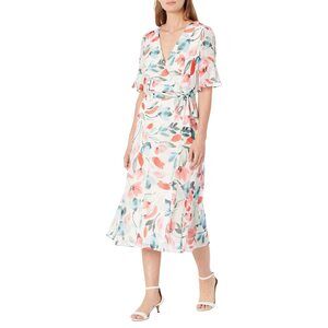DKNY Short Sleeve Tie Wrap Dress Print 7854/Ivory/Melon Multi 6
